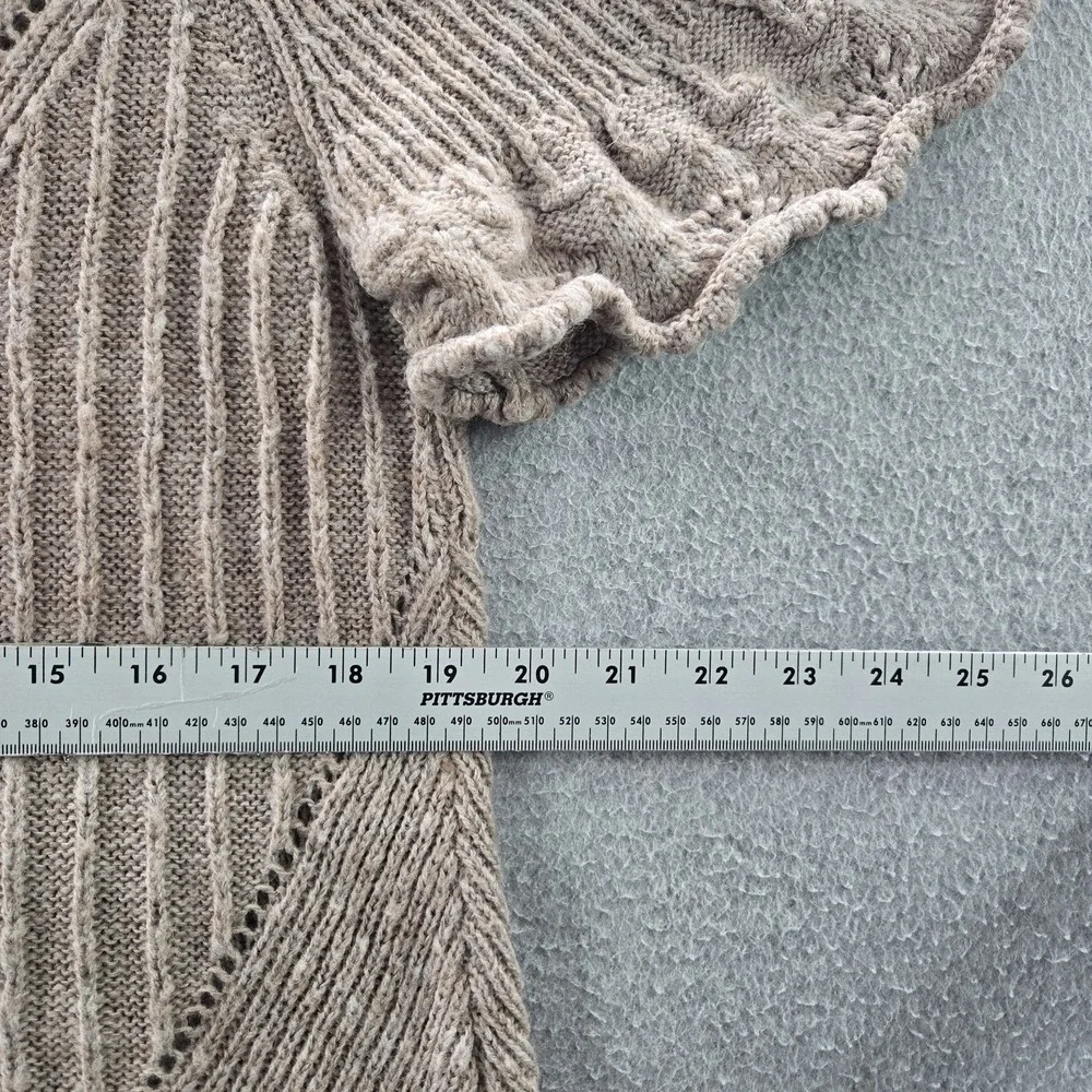 Anthropologie Women Sweater M Taupe‎ Wool Blend Pointelle Geometric Ruffle